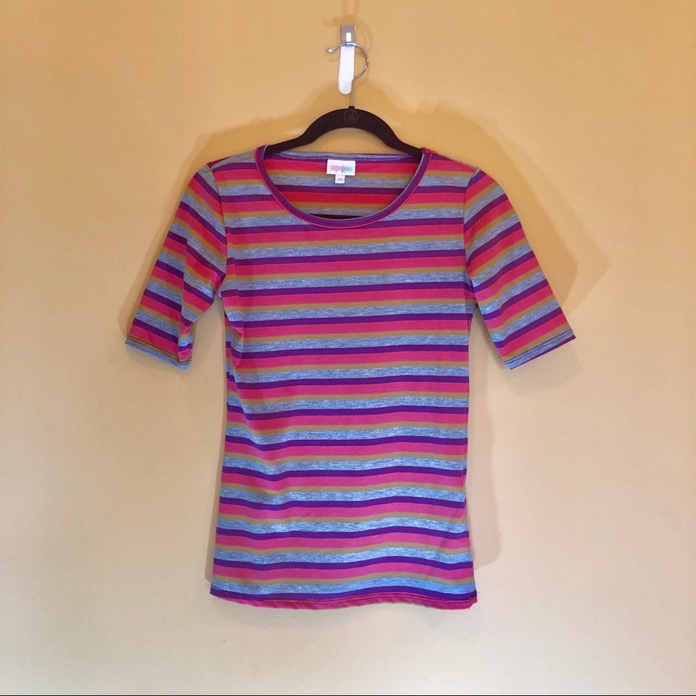 Purple, pink, yellow& grey striped Lularoe Gigi
